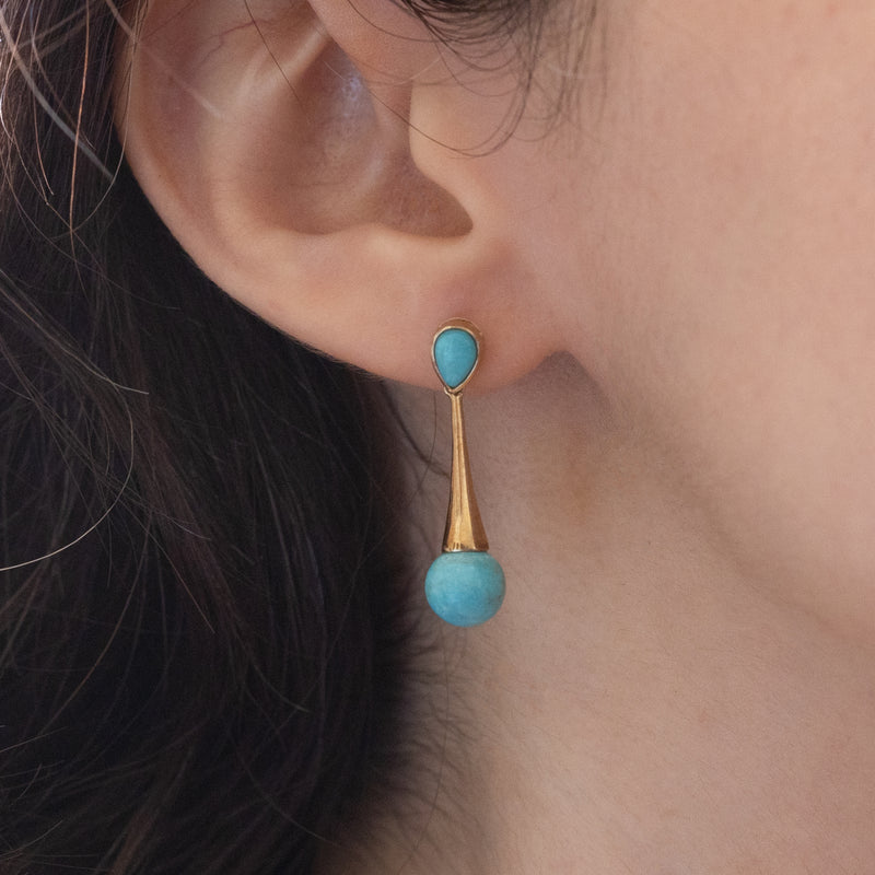 Vintage 8K gold pendant earrings with turquoise, 1950s / 1960s