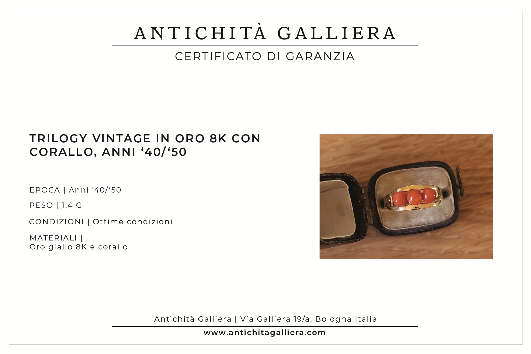 Modello di esempio del certificato Antichità Galliera, riferito a un altro gioiello.